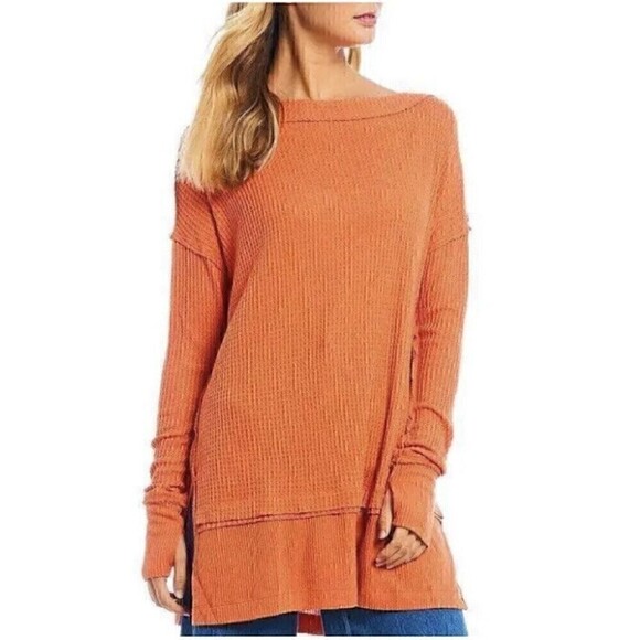 Free People North Shore Thermal Tunic Shirt Bright Coral Orange XS - Picture 3 of 6